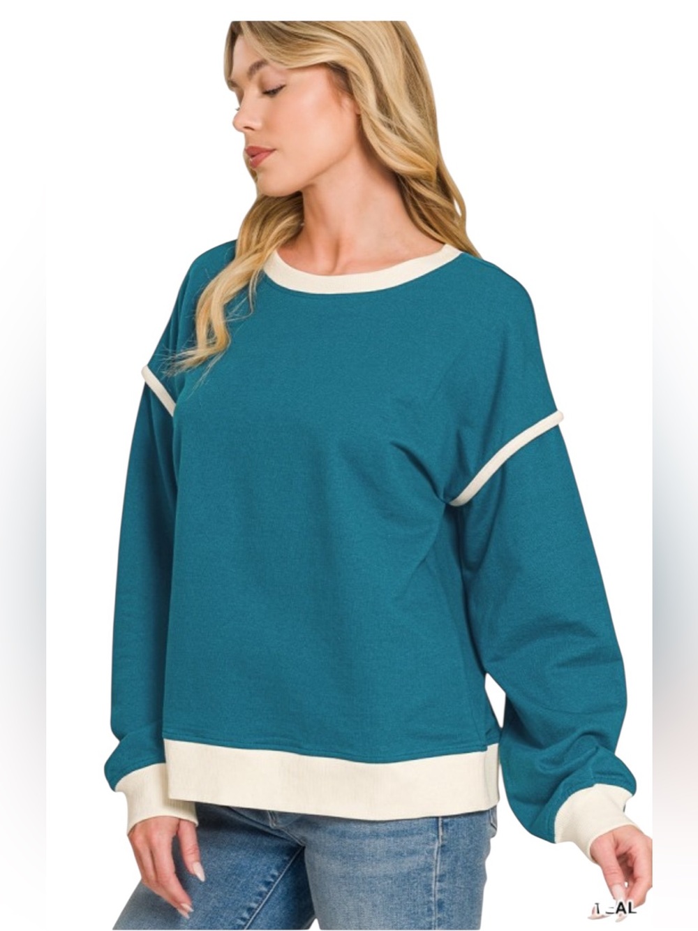 Zenana Teal French Terry Cotton Long Sleeve Pullover Top